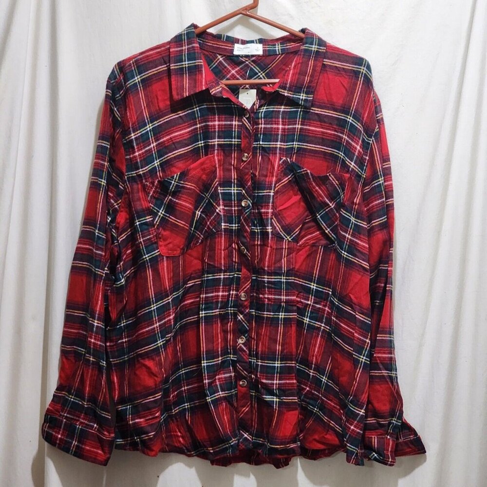 Maurices Red Green Plaid Button Front Chest Pockets L/S Top Plus Size 3 3X New - Picture 1 of 5